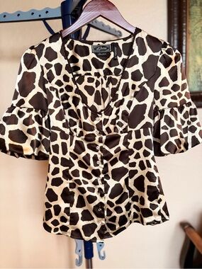 Guess Cream & Black Giraffe-Print Button Front Blouse